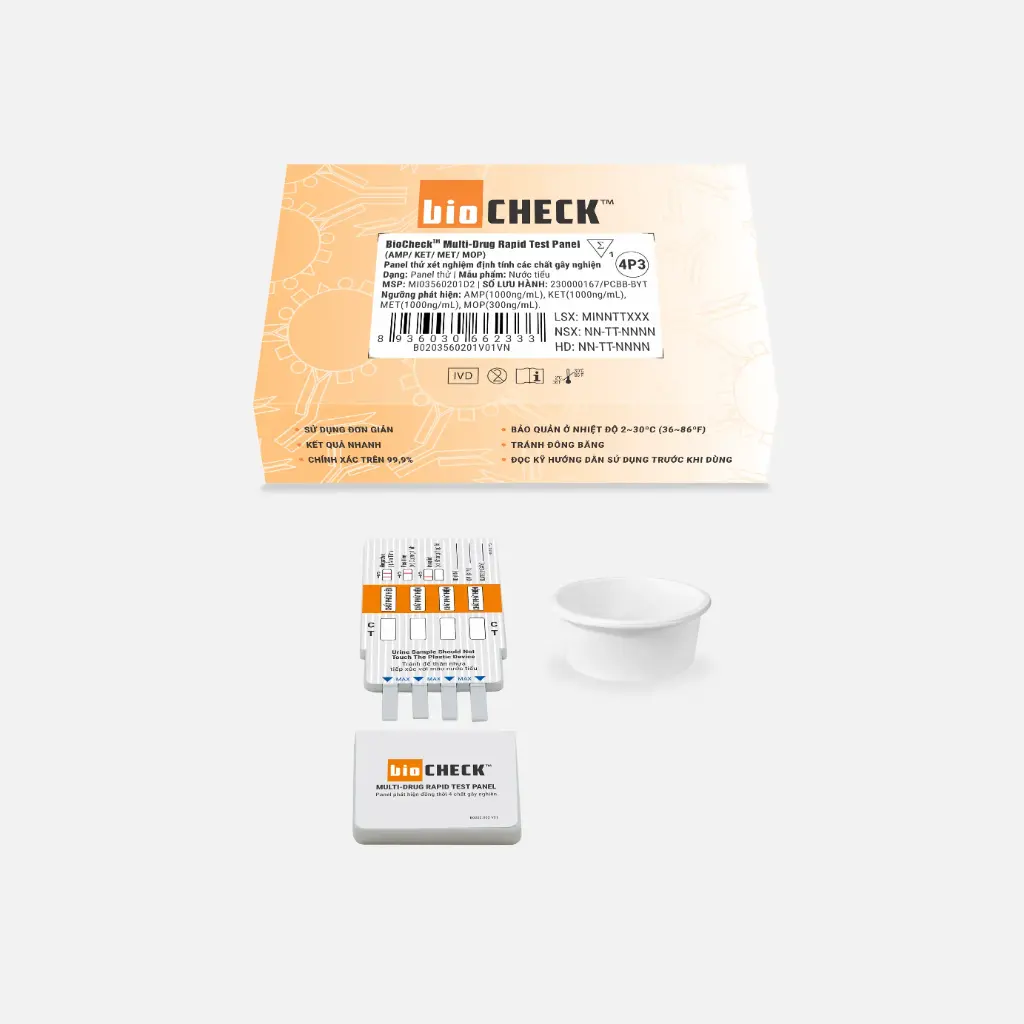 Panel thử xét nghiệm định tính Amphetamine, Ketamine, Methamphetamine và Morphine [Biocheck™ Multi-Drug Rapid Test Panel (AMP/KET/MET/MOP)]