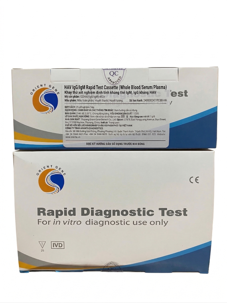 Khay thử xét nghiệm định tính kháng thể IgM, IgG kháng HAV [Orient Gene - HAV IgG/IgM Rapid Test Cassette (Whole Blood/Serum/Plasma)]