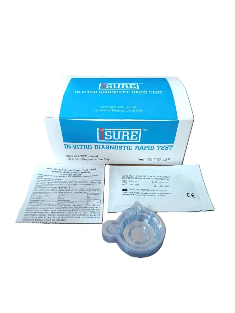 Panel thử xét nghiệm định tính Amphetamine, Codeine, Heroin, Morphine, Marijuana [ISURE™ Multi-Drug Rapid Test Panel (Urine)(AMP500/COD200/HER10/ MOP300/THC50)]