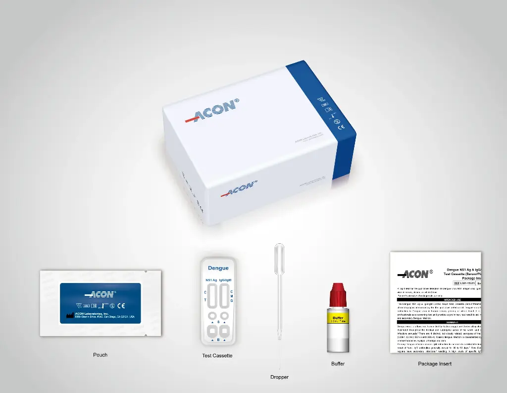 Khay thử xét nghiệm định tính kháng nguyên Dengue NS1 và kháng thể IgM, IgG kháng vi rút Dengue [ACON® Dengue NS1 Ag & IgG/IgM Combo Rapid Test Cassette (Serum/Plasma/Whole Blood)]