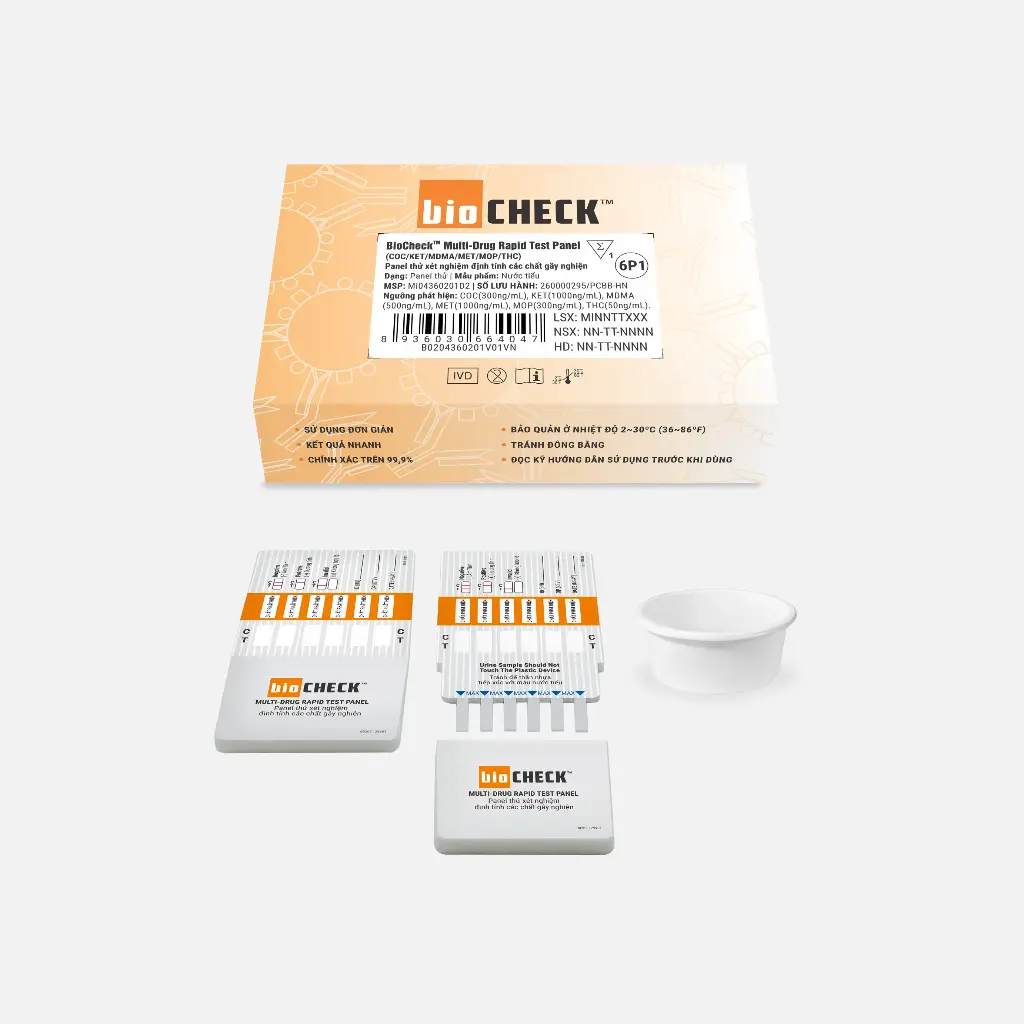 Panel thử xét nghiệm định tính Cocaine, Ketamine, Methylenedioxymethamphetamine, Methamphetamine, Morphine và Marijuana [Biocheck™ Multi-Drug Rapid Test Panel (COC/KET/MDMA/MET/MOP/THC)]