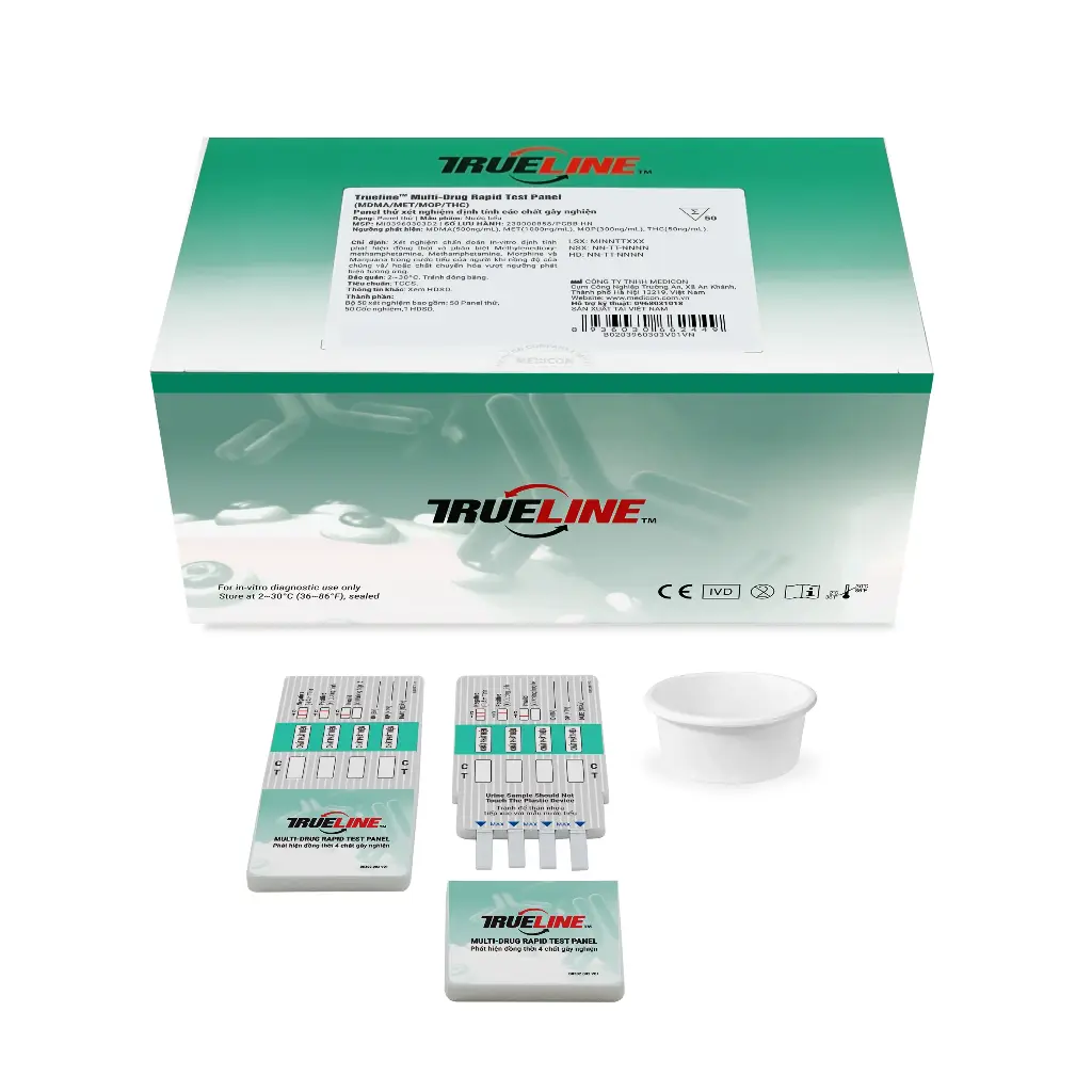 Panel thử xét nghiệm định tính Ecstasy, Methamphetamine, Morphine và Marijuana [Trueline™ Multi-Drug Rapid Test Panel (MDMA/MET/MOP/THC)]