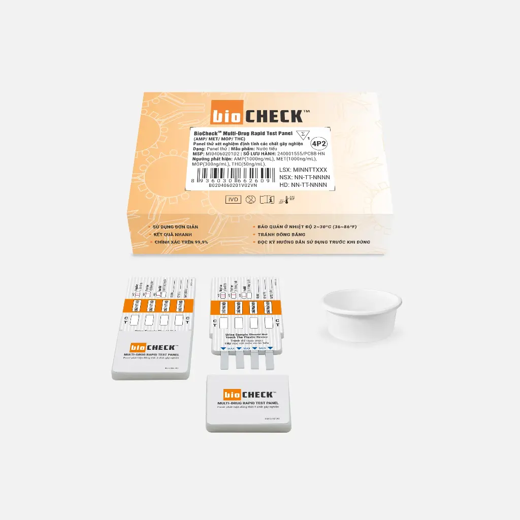 Panel thử xét nghiệm định tính Amphetamine, Methamphetamine, Morphine và Marijuana [Biocheck™ Multi-Drug Rapid Test Panel (AMP/MET/MOP/THC)].