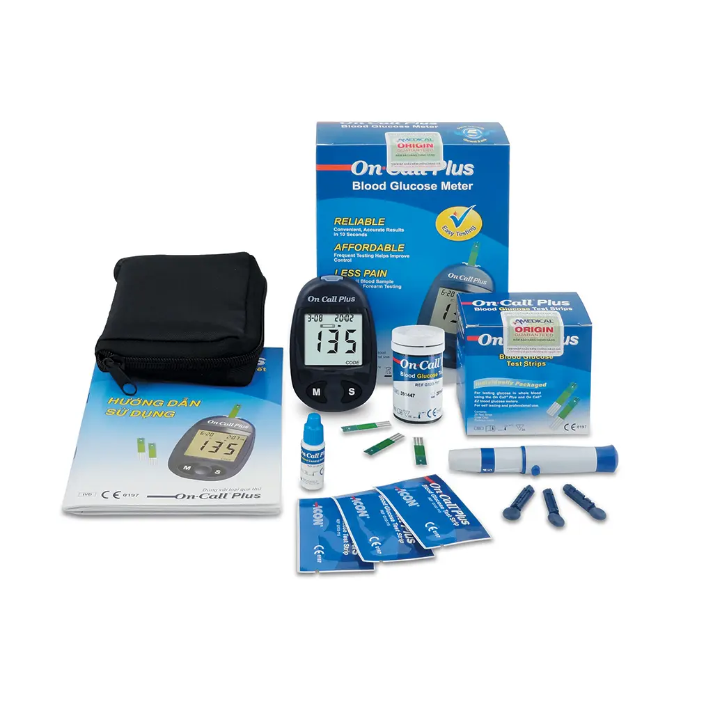 G020206: 01 máy đo đường huyết On Call® Plus, 01 x hộp 50 que thử On Call® Plus (đóng lọ)