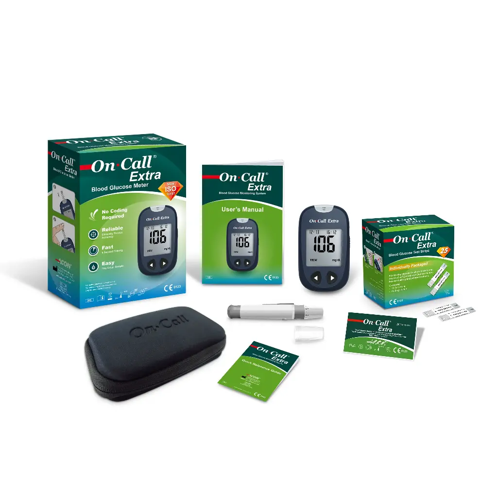 G020209: 01 máy đo đường huyết [On Call® OGM-191 Extra Blood Glucose Meter], 01 x hộp 25 que thử [On Call® Extra] (đóng vỉ)