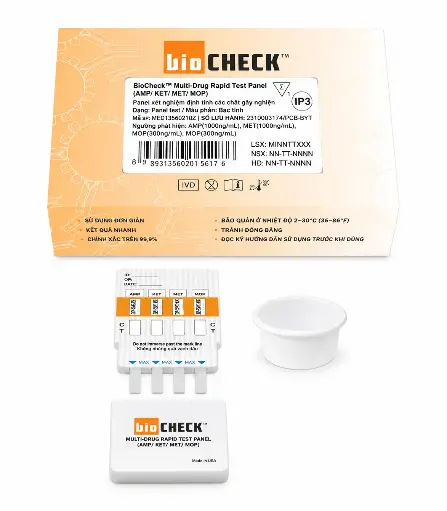 Panel thử xét nghiệm định tính Amphetamine, Ketamine, Methamphetamine và Morphine [Biocheck™ Multi-Drug Rapid Test Panel (AMP/KET/MET/MOP)]