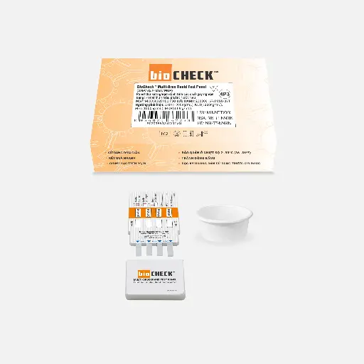 Panel thử xét nghiệm định tính Amphetamine, Ketamine, Methamphetamine và Morphine [Biocheck™ Multi-Drug Rapid Test Panel (AMP/KET/MET/MOP)]