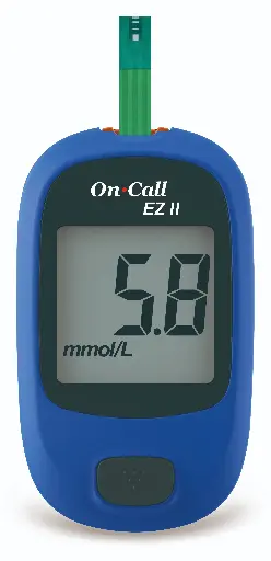 Bộ máy đo đường huyết (Oncall EZII Blood Glucose Meter, mg/dL) kèm que, gồm 01 máy và 01 hộp que Plus 50 test dạng lọ (Gói 1)