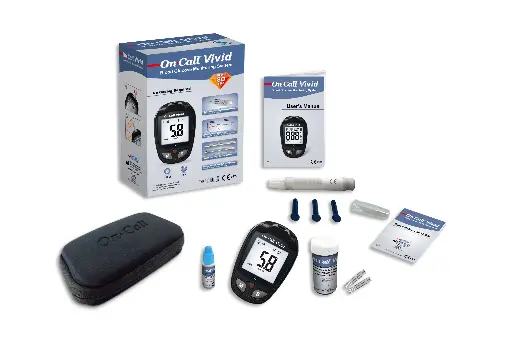 G020208: 01 máy đo đường huyết On Call® Vivid, 01 x hộp 25 que thử On Call® Vivid (đóng vỉ)